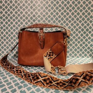 Brown Leather Women's Bag with Patterned Strap